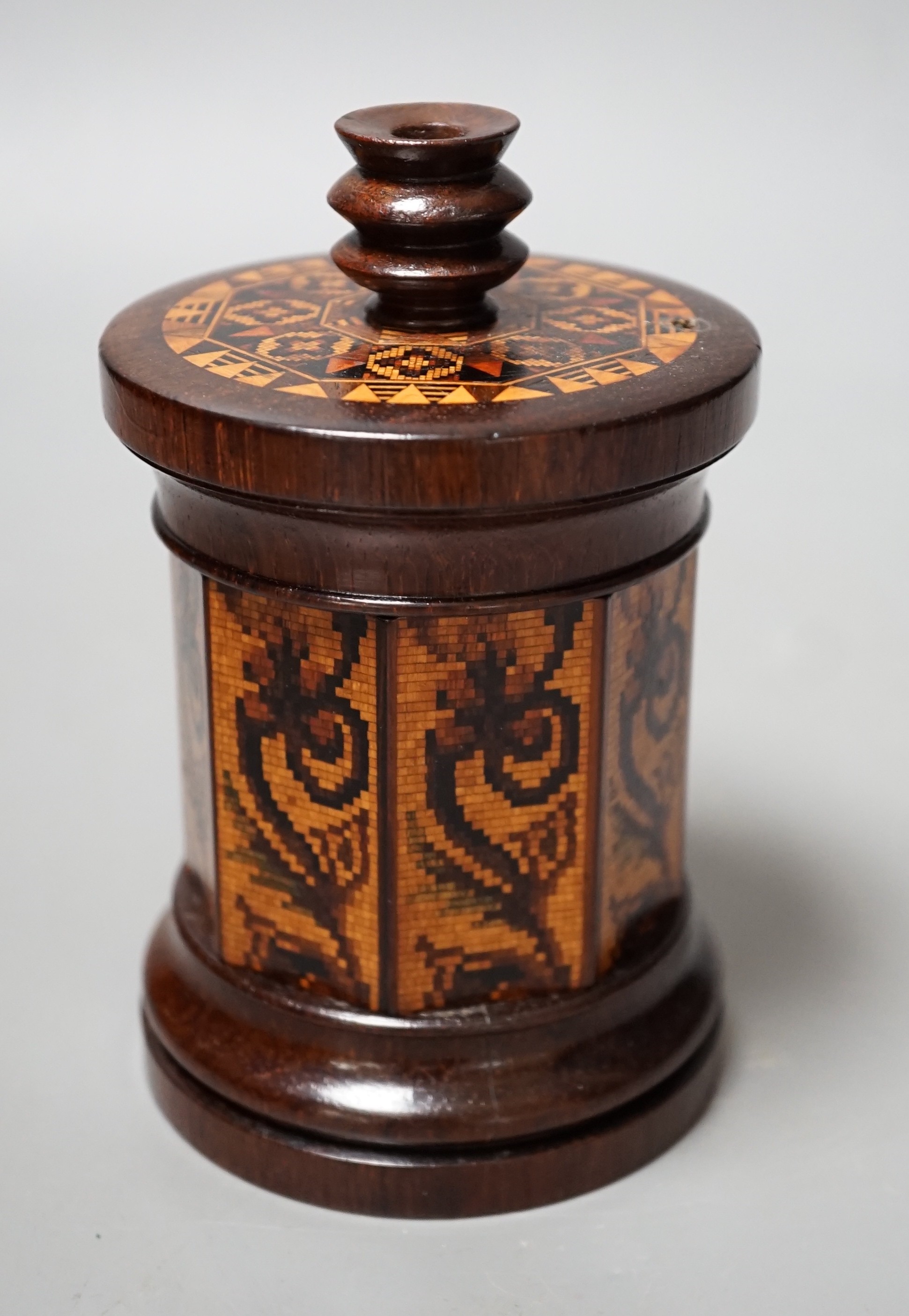 A Tunbridge ware rosewood tesserae mosaic sewing thread box with taperstick top, 13.5cm high